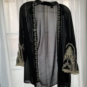 F21 Sheer Black Kimono w/ Embroidery